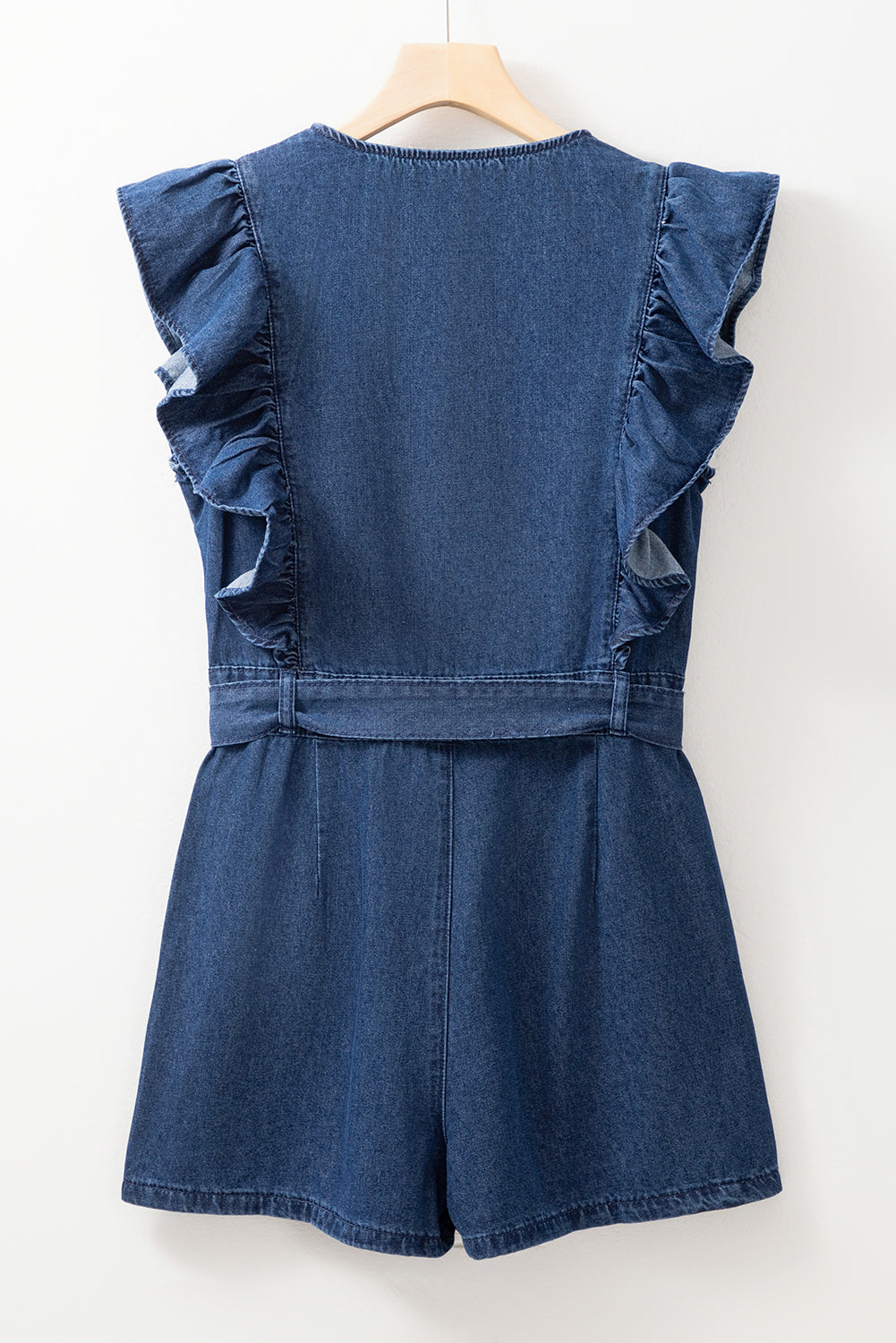 Sail Blue Denim Ruffled Zipped Front Belted Romper eAura