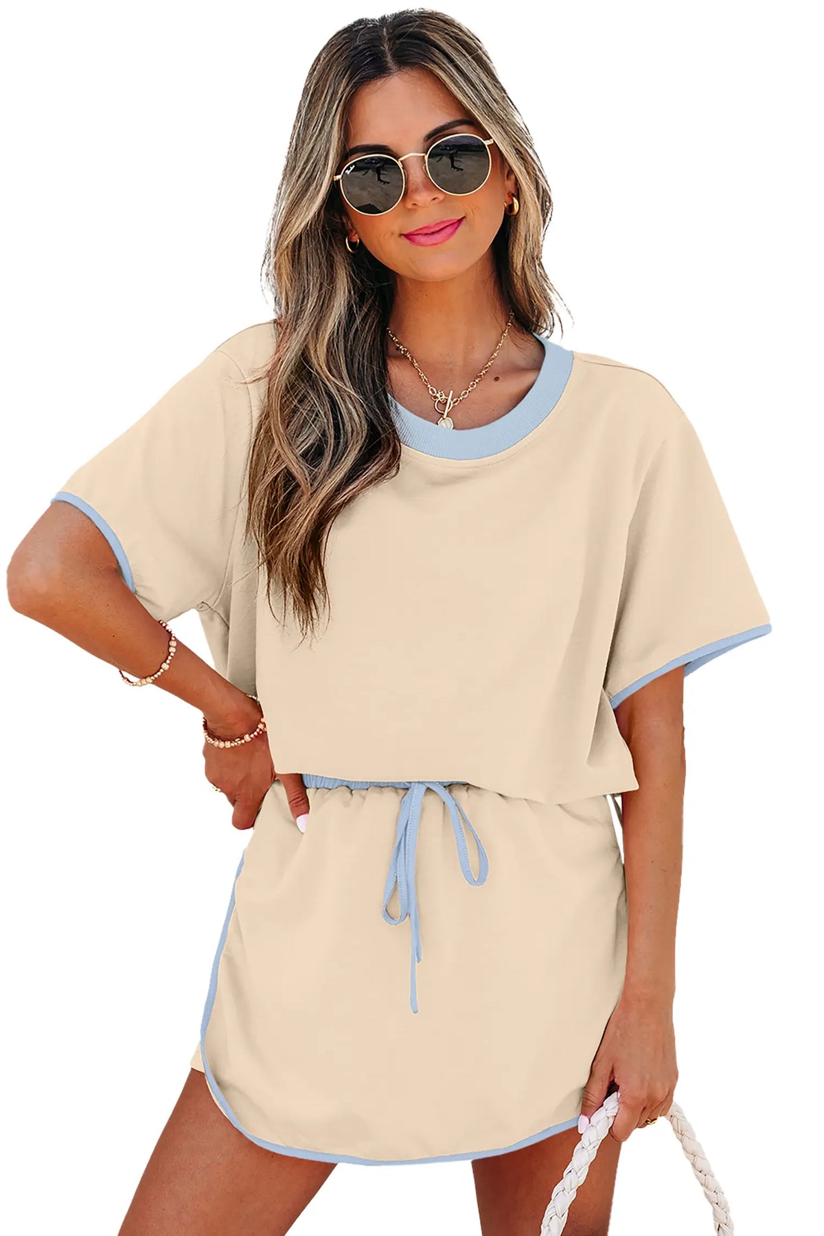 Apricot Colourblock Edge Drop Shoulder T Shirt and Skort 2Pcs Set – Beige