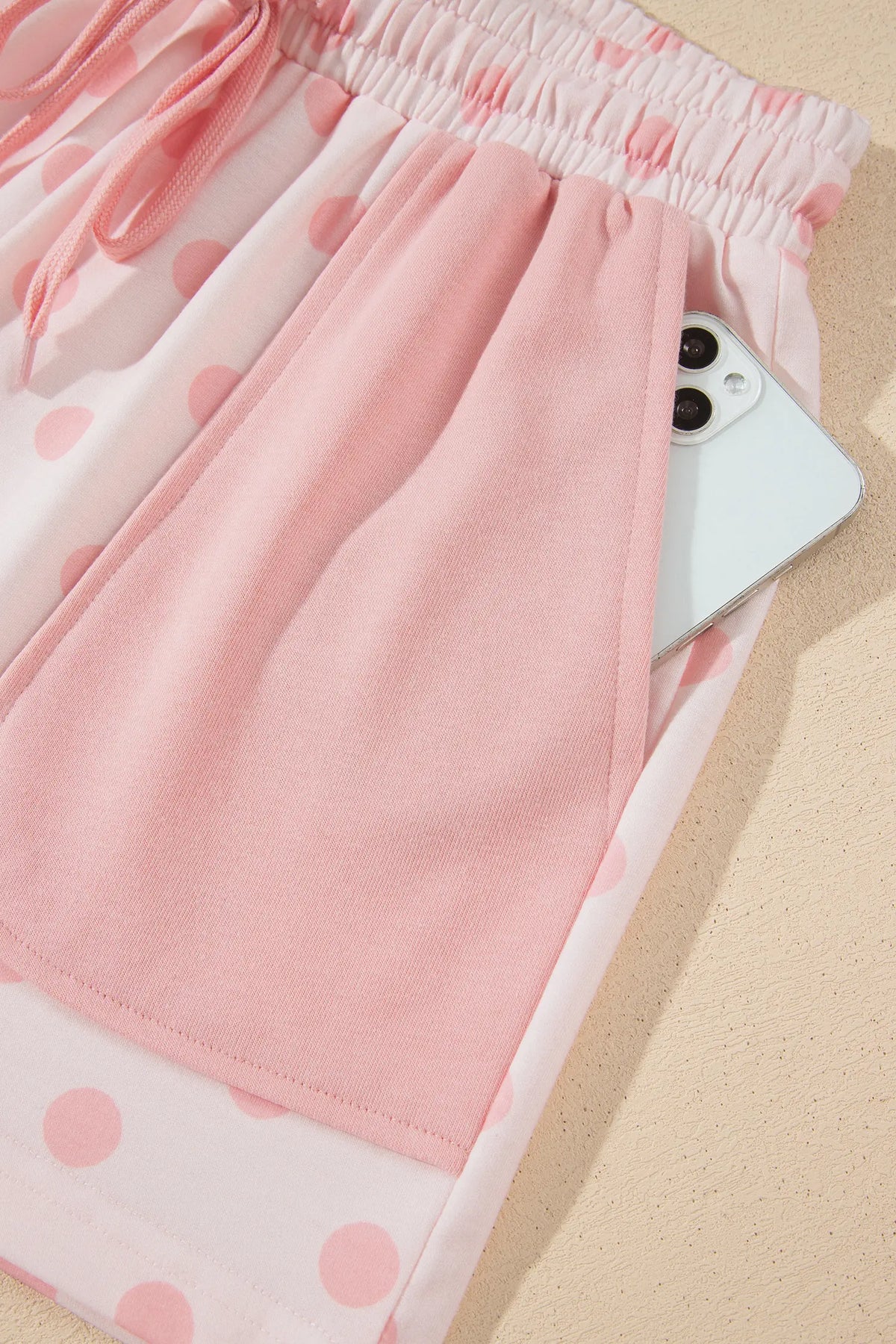 Polka Dot Drop Shoulder Polo Loose Pullover Patch Pocket Casual Shorts Set – Pink