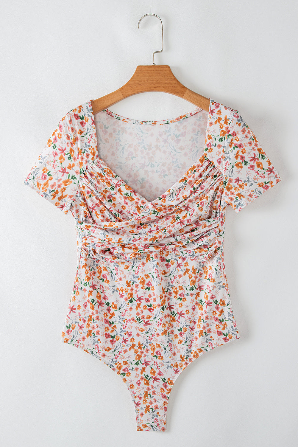 Orange Short Sleeve Floral Ruched Sweetheart Bodysuit eAura
