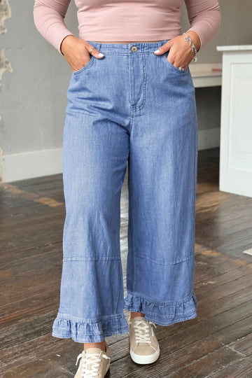 Ruffle Hem Wide Leg Full Length Plus Size Jeans – Light Blue