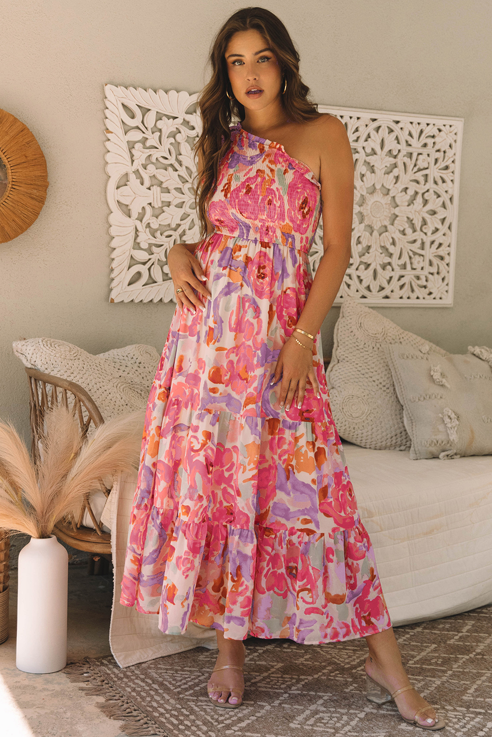 Pink Abstract Floral Print Shirred One Shoulder Maxi Dress eAura