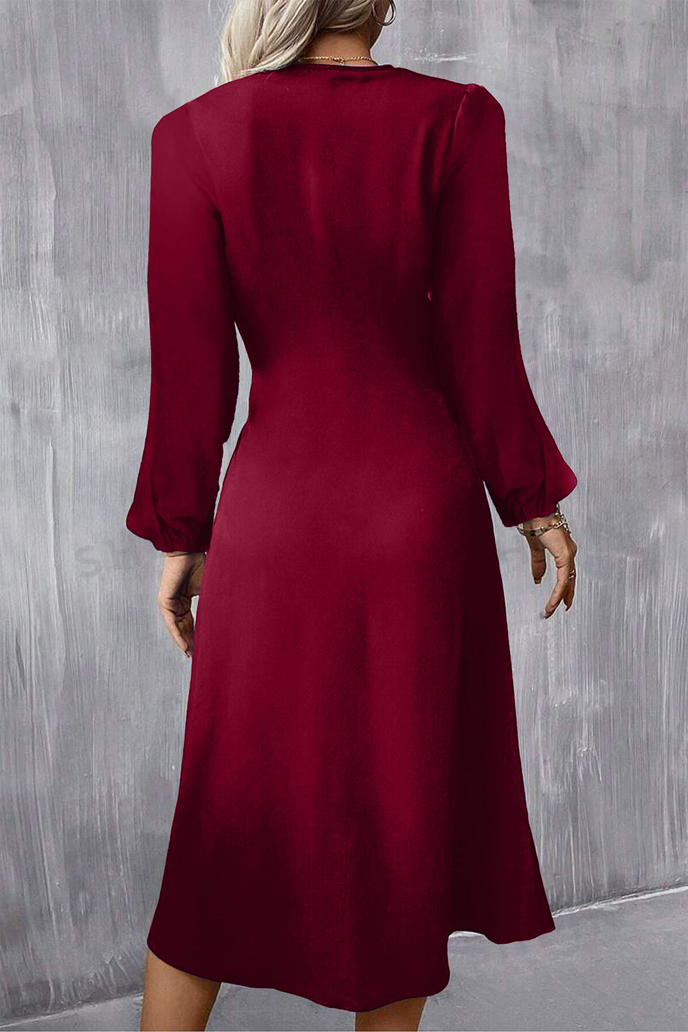 Burgundy Solid Color Ruched Detail Long Sleeve Midi Dress Dear-Lover Dropshipping