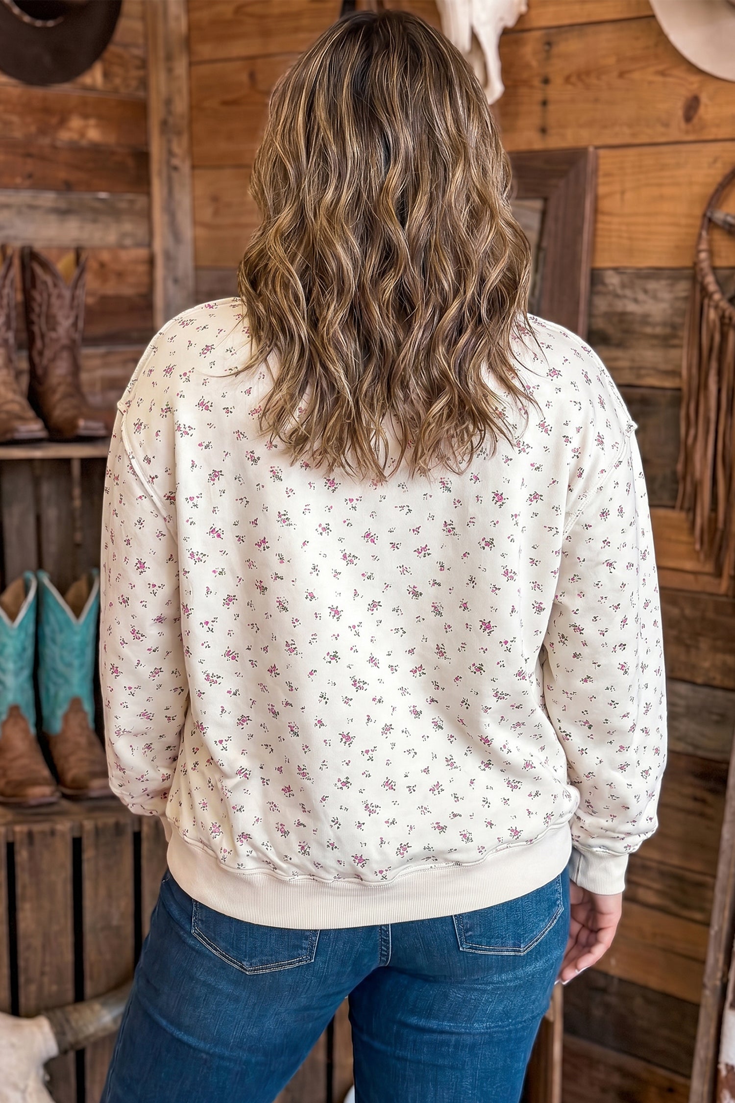 Apricot Floral Print Texas Long Sleeve Ribbed Neck Tunic Plus Size Sweatshirt – Beige