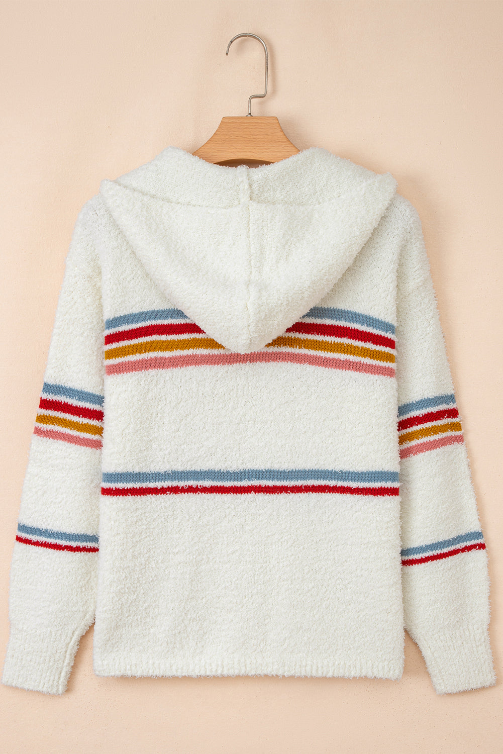 White Multicolored Striped Accent Hooded Popcorn Sweater - eAura
