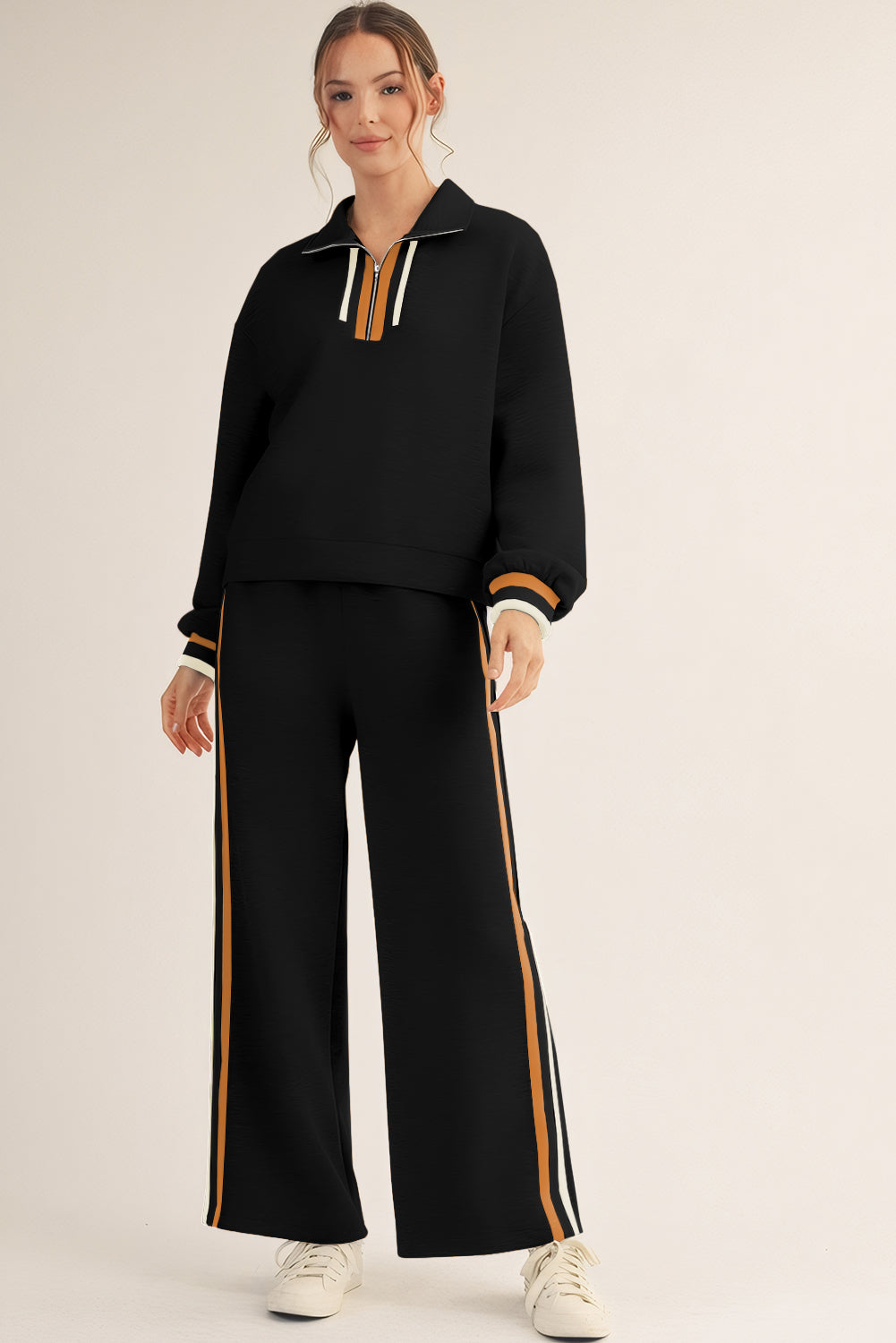 Black Striped Patchwork Quarter Zip Pullover Loose Pant Set - eAura