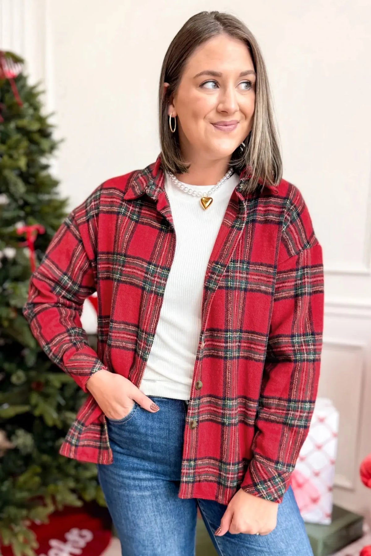 Plaid Button Front Shacket – Red