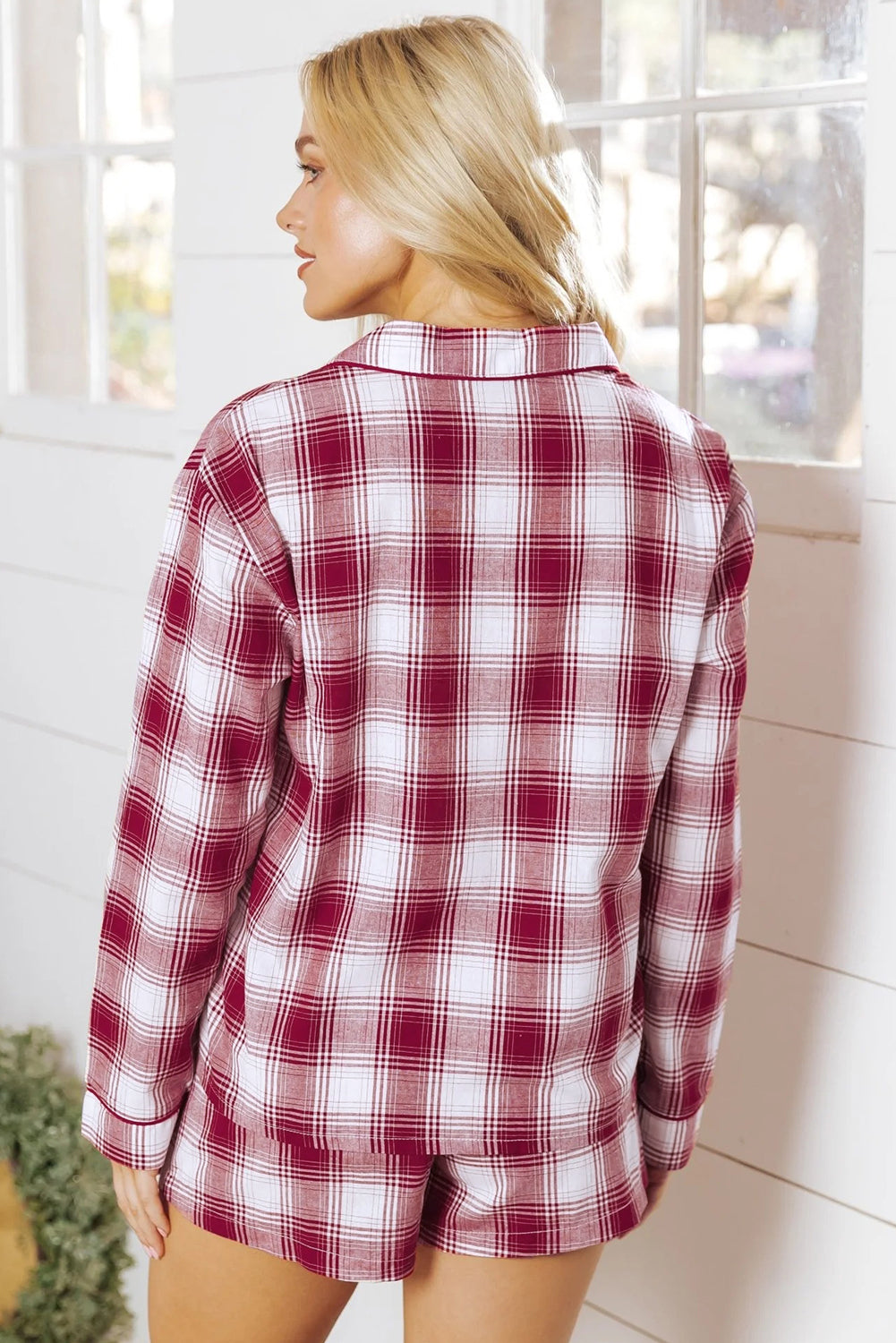 Red Retro Plaid Long Sleeve Shirt Drawstring Shorts Pyjama Set - eAura