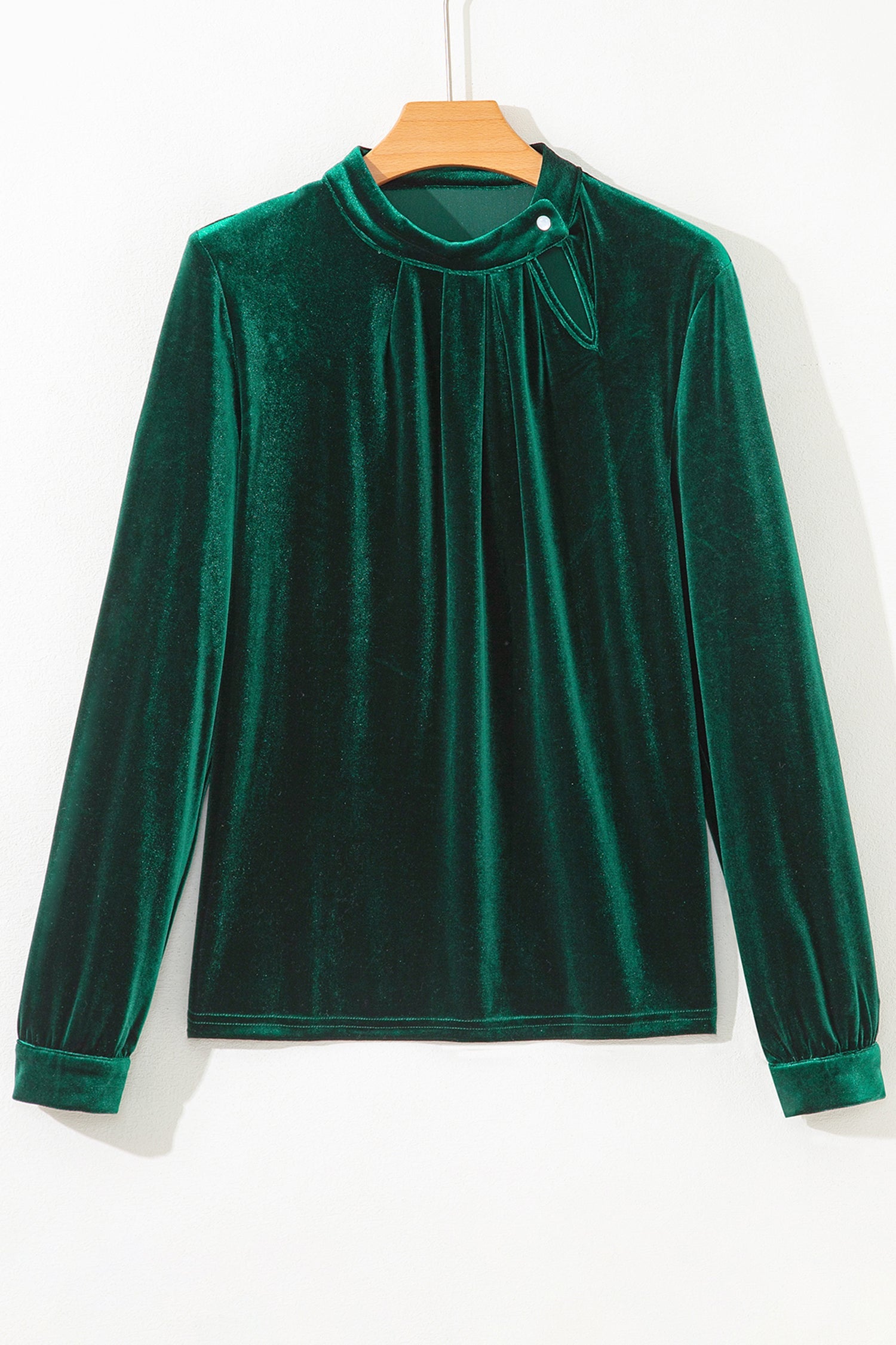 Asymmetric Button Keyhole Neck Long Sleeve Velvet Blouse - Tops/Blouses & Shirts