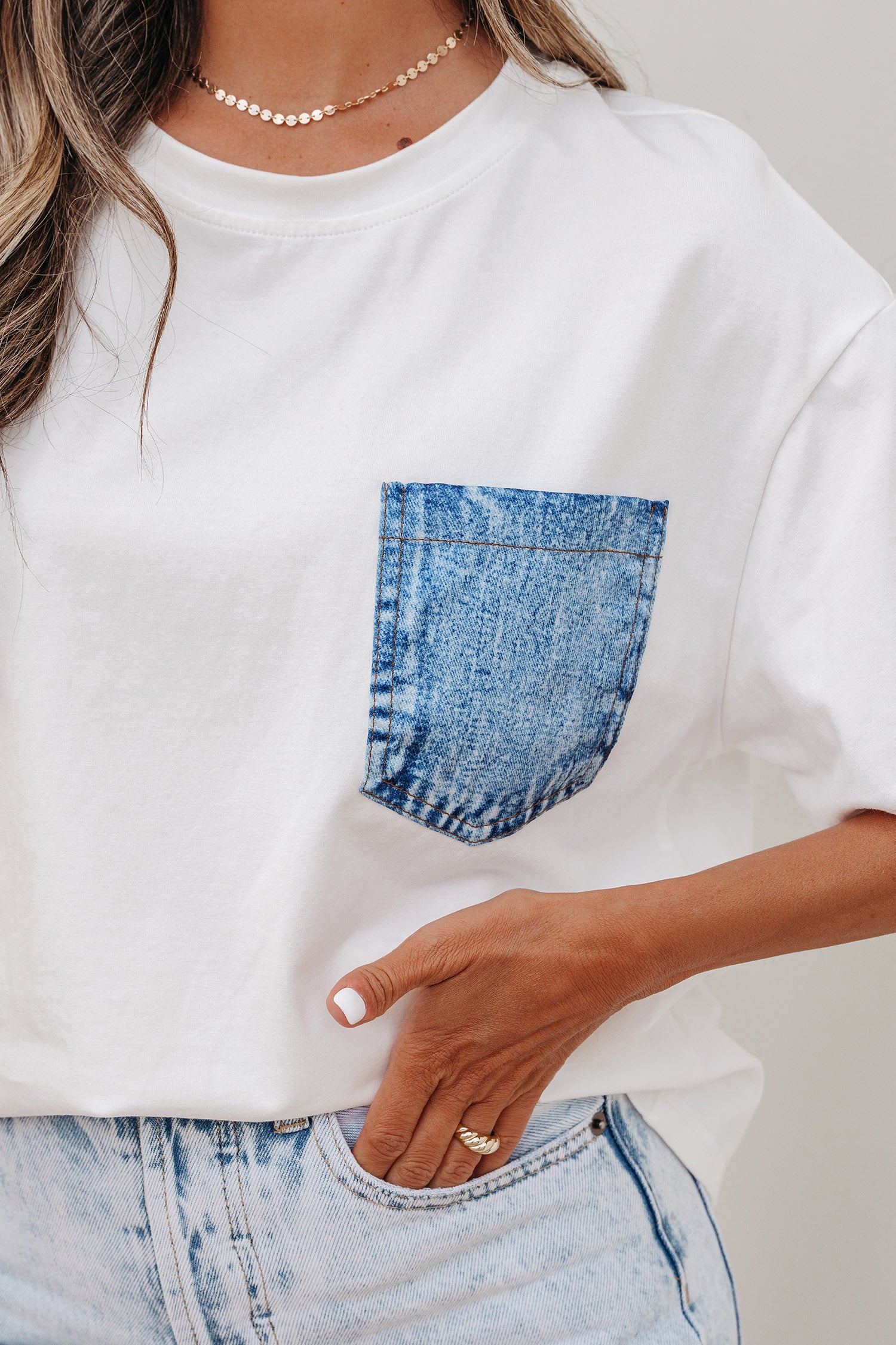 Colour Block Chest Pocket Patched Casual Short Sleeve Top