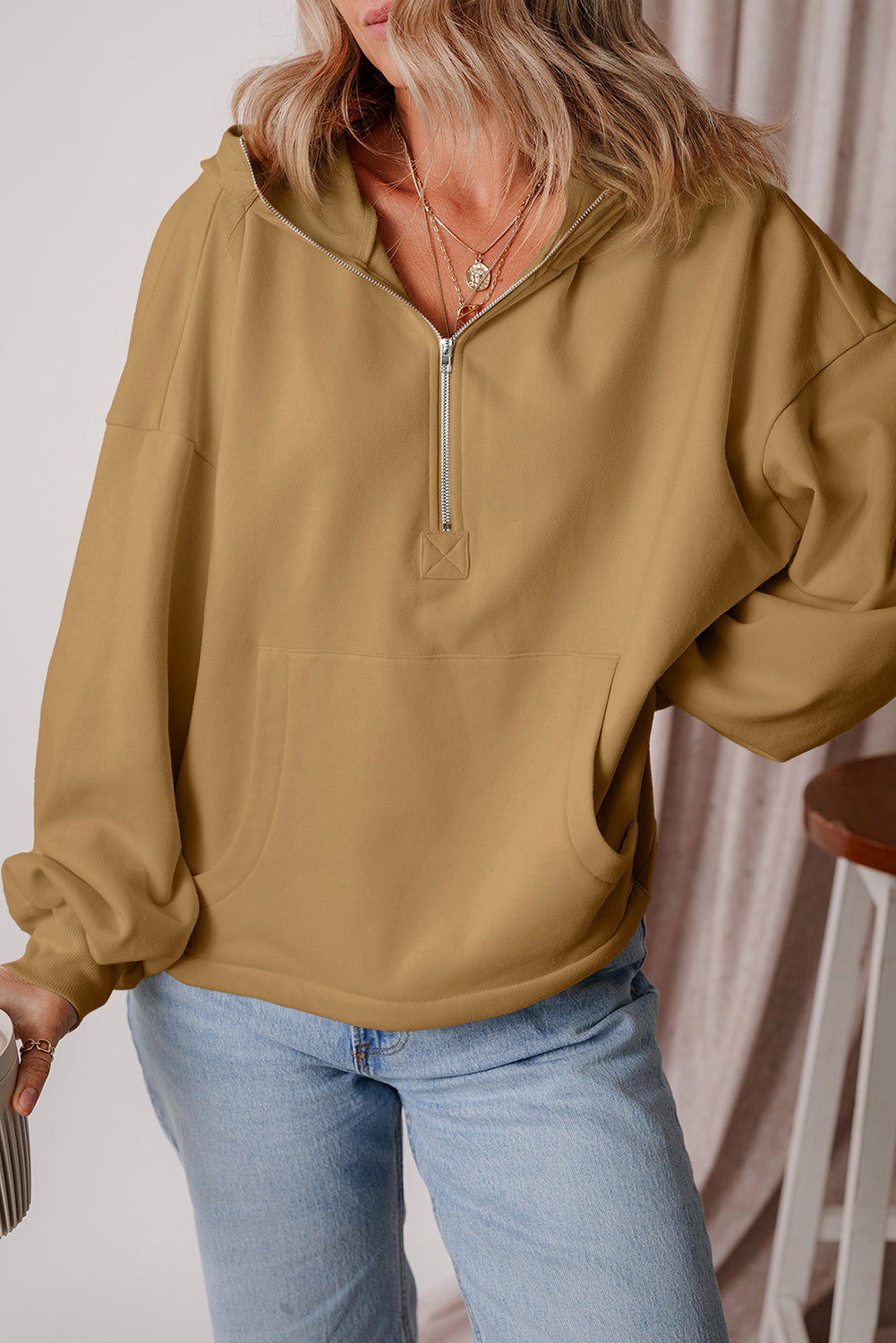Brown Fleece Lined Half Zipper Kangaroo Pockets Loose Hoodie eAura