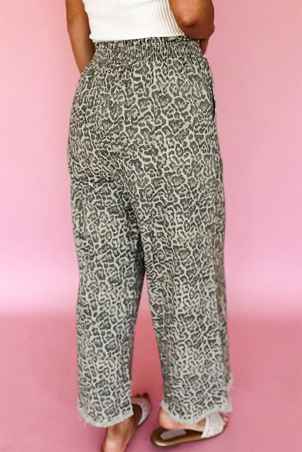 Leopard Print Raw Hem Elastic Waist Loose Pull On Jeans - eAura