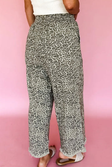 Leopard Print Raw Hem Elastic Waist Loose Pull On Jeans - eAura
