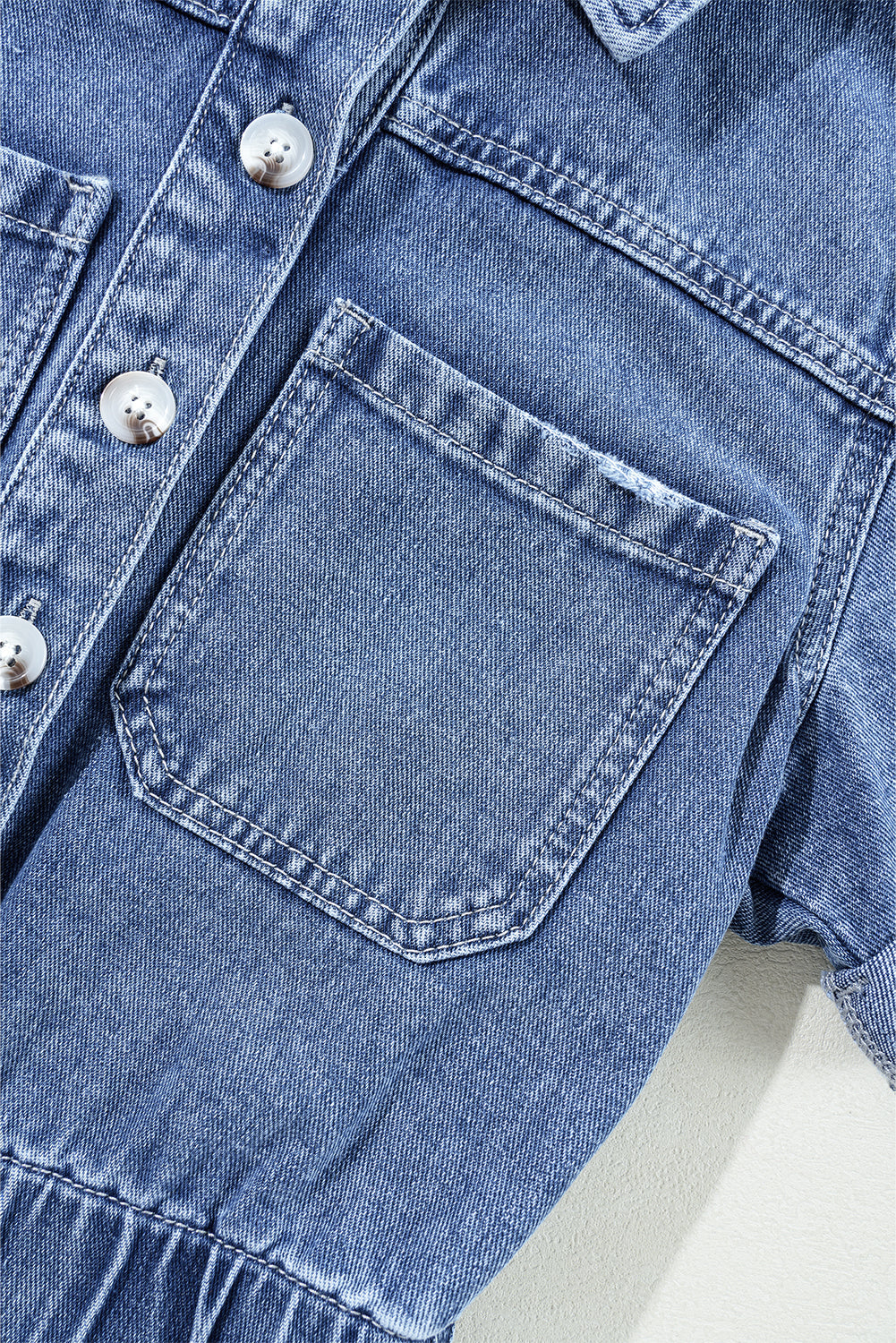 Dusk Blue Chest Pocket Front Buttoned Folded Edge Denim Short Sleeve Romper eAura