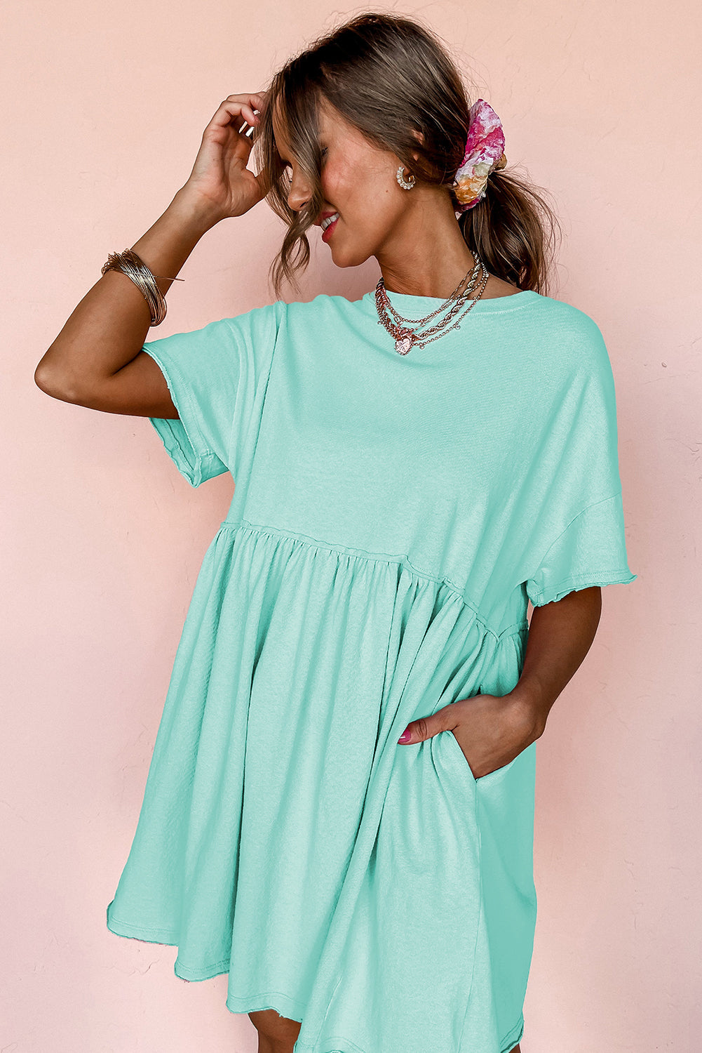 Pocketed Raw Edge Babydoll Dress eAura