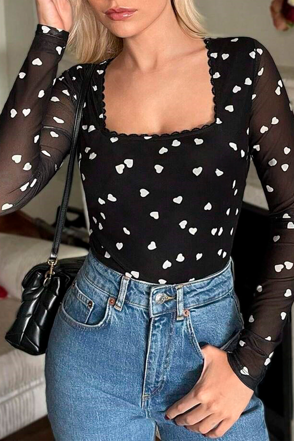 Black Heart Shape Mesh Patchwork Square Neck Bodysuit eAura