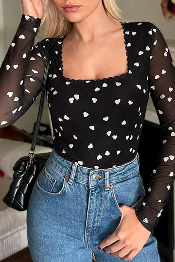 Black Heart Shape Mesh Patchwork Square Neck Bodysuit eAura