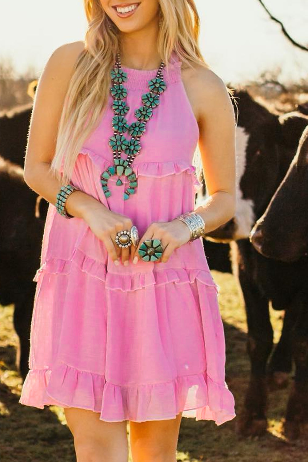 Pink Smocked Neck Knot Back Frilly Tiered Sleeveless Mini Dress BB Fashion Outlet