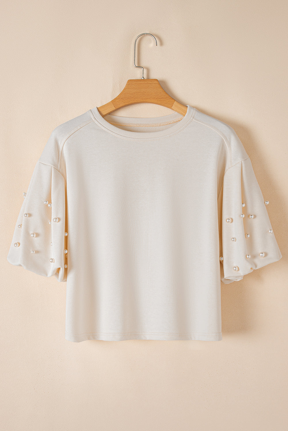White Pearled Puff Sleeve Round Neck Loose Top eAura