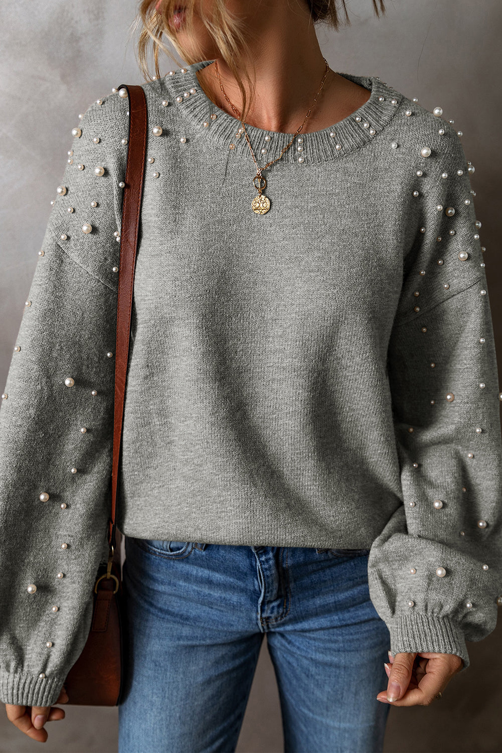 Light Grey Pearled Drop Shoulder Round Neck Sweater eAura