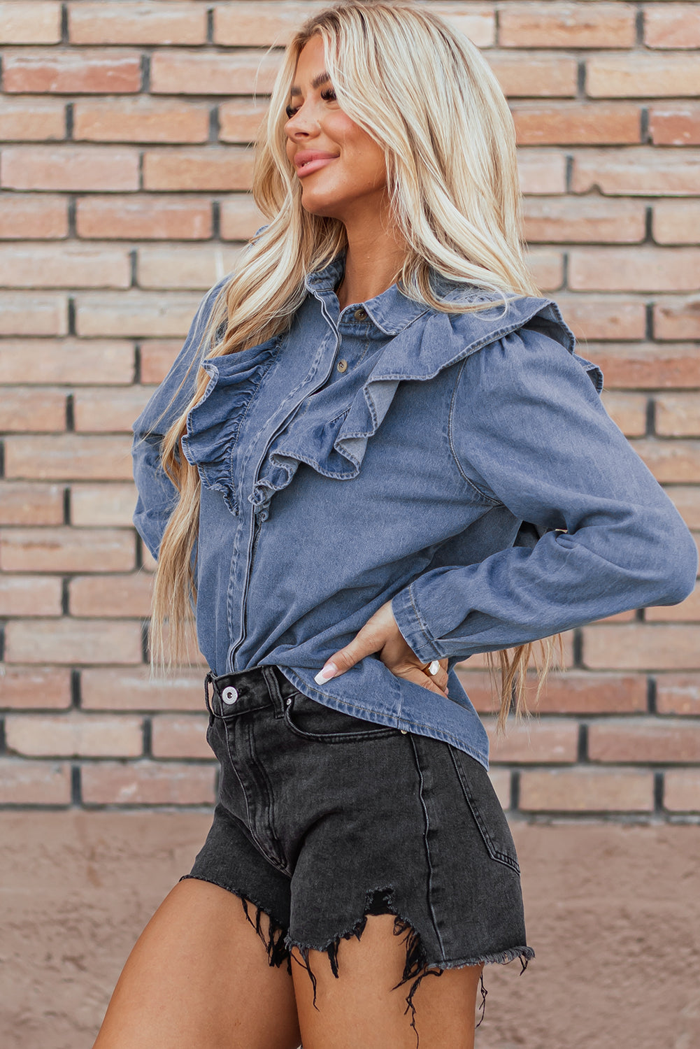 Dusk Blue Denim Ruffled Casual Top eAura