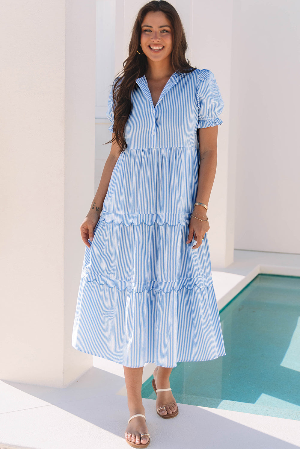 Sky Blue Stripe Bubble Short Sleeve Tiered Scallop Long Dress eAura