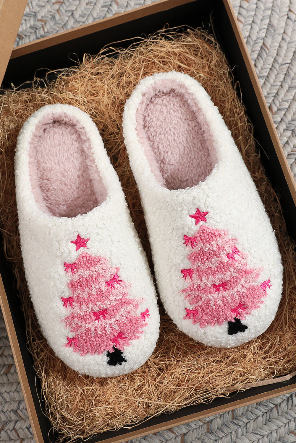 White Plush Christmas Tree Color Contrasted Liner House Slippers - eAura