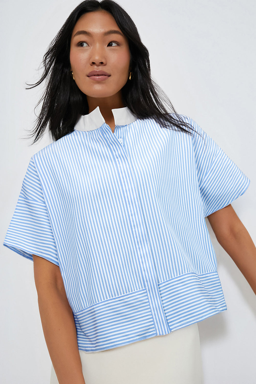 Sky Blue Stripe Contrast Collar Hidden Button Short Sleeve Summer Shirt BB Fashion Outlet