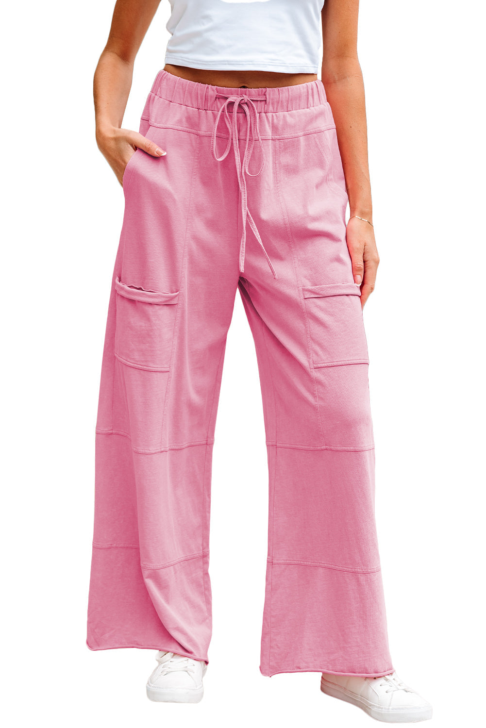 Mineral Wash Exposed Seam Drawstring High Waist Wide Leg Cargo Trousers eAura