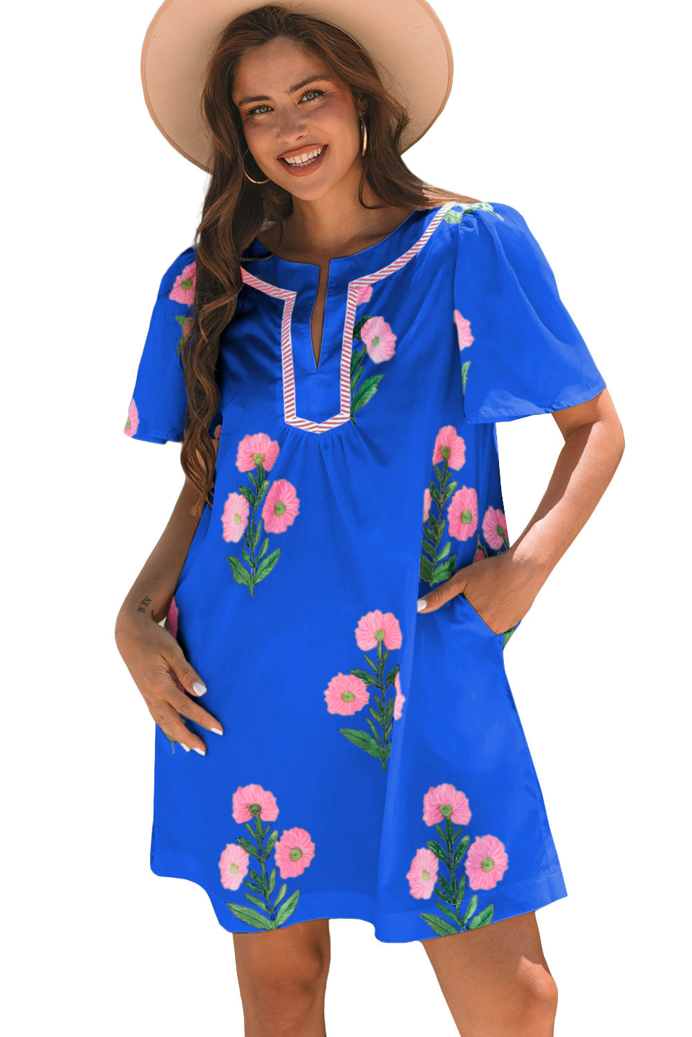 Blue Floral Short Sleeve Split Neck Loose Mini Dress eAura