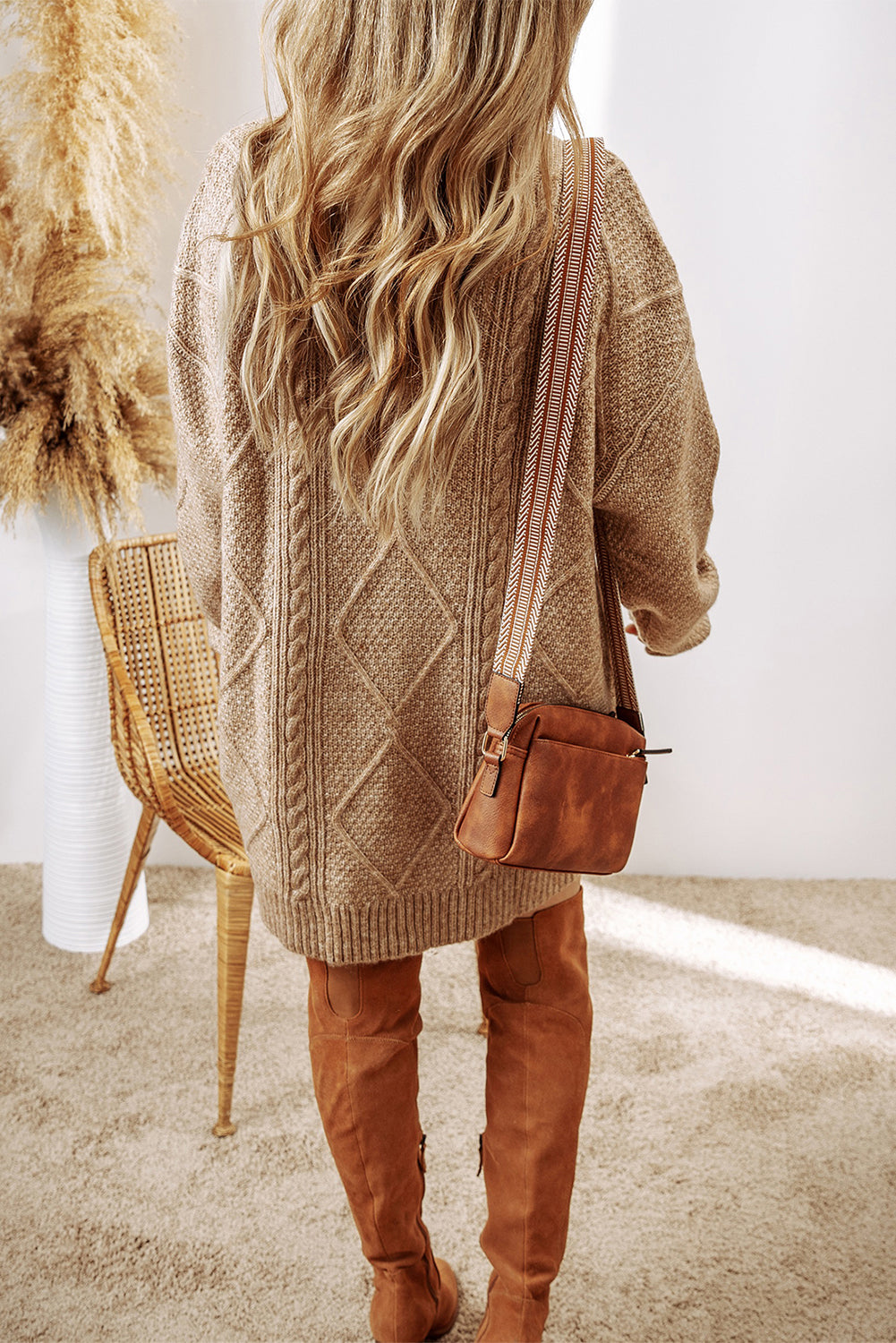 Parchment Cable Knit Drop Shoulder Loose Fit Sweater Dress eAura