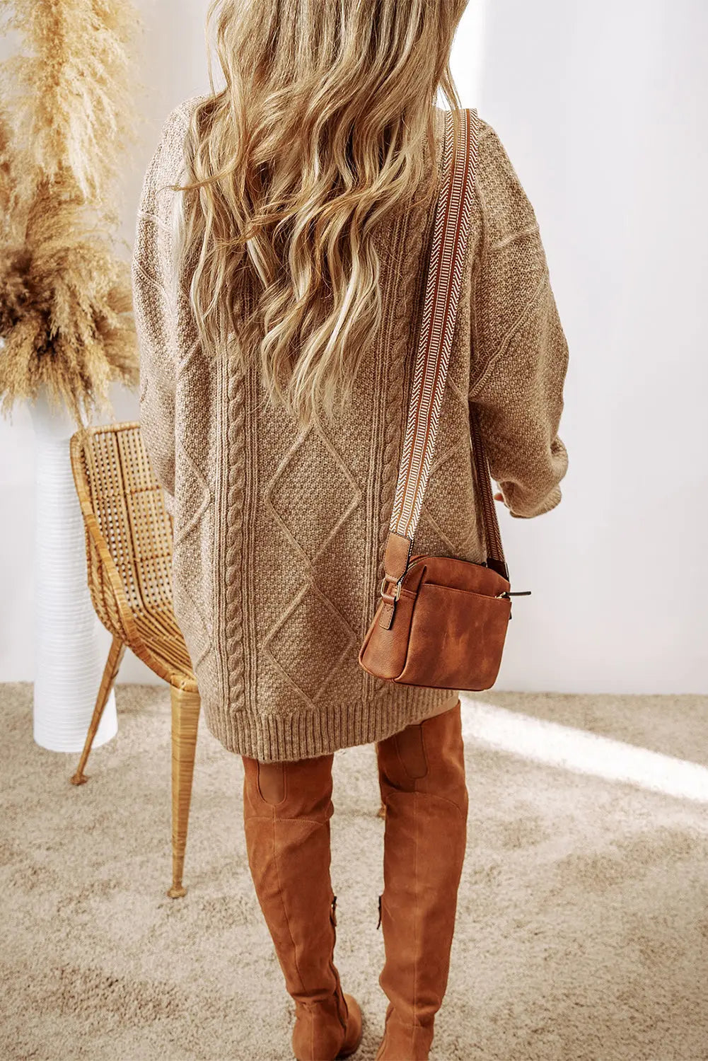 Cable Knit Drop Shoulder Loose Fit Sweater Dress - Beige / S - Sweaters & Cardigans/Sweater Dresses