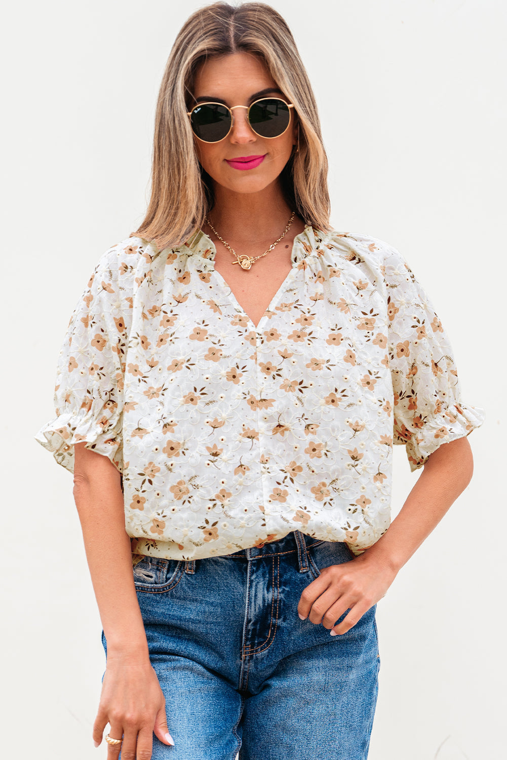 White Floral Eyelet Embroidered Puff Sleeve Notch V Neck Blouse eAura