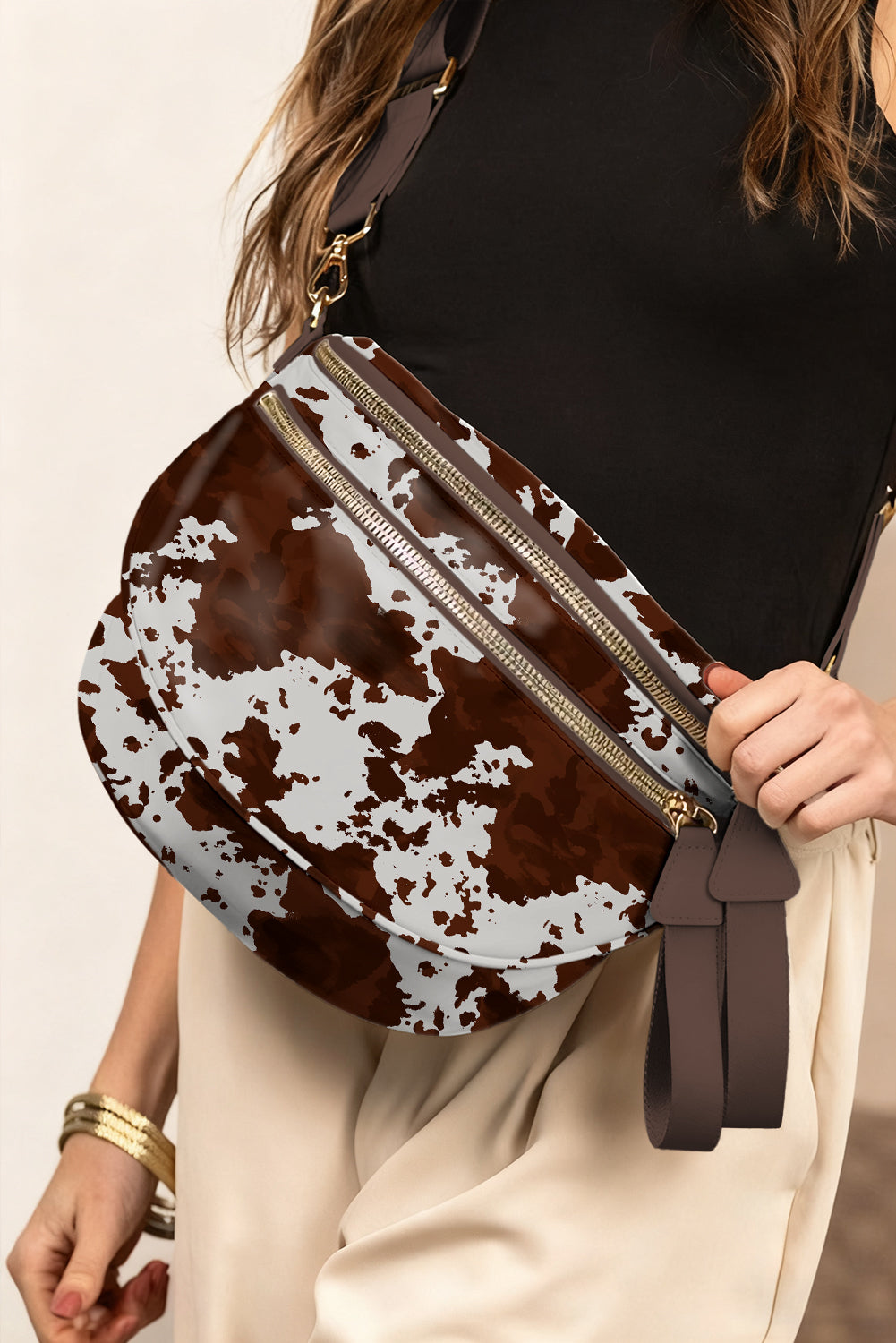 Cow Print Double Zip Crossbody Bag – Coffee