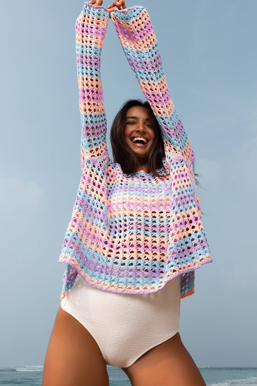 Purple Multi Stripe Open Knit Sweater Beach Cover Up eAura