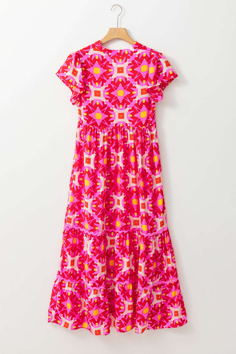 Strawberry Pink Geo Print V-neck Maxi Dress eAura