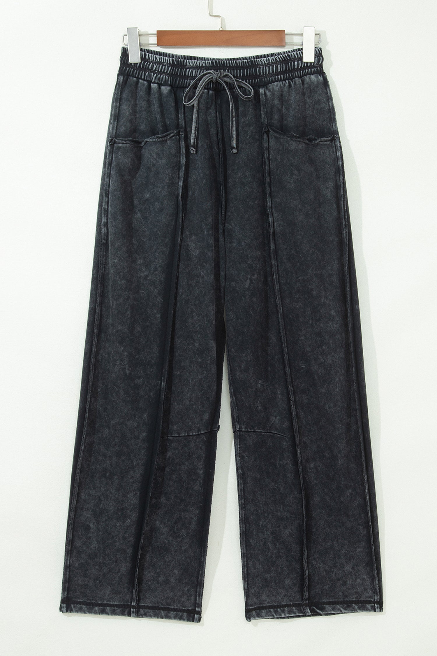 Mineral Wash Raw Seam Drawstring Elastic Waist Barrel Pants – Black