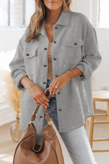 Grey Solid Textured Flap Pocket Buttoned Shacket eAura