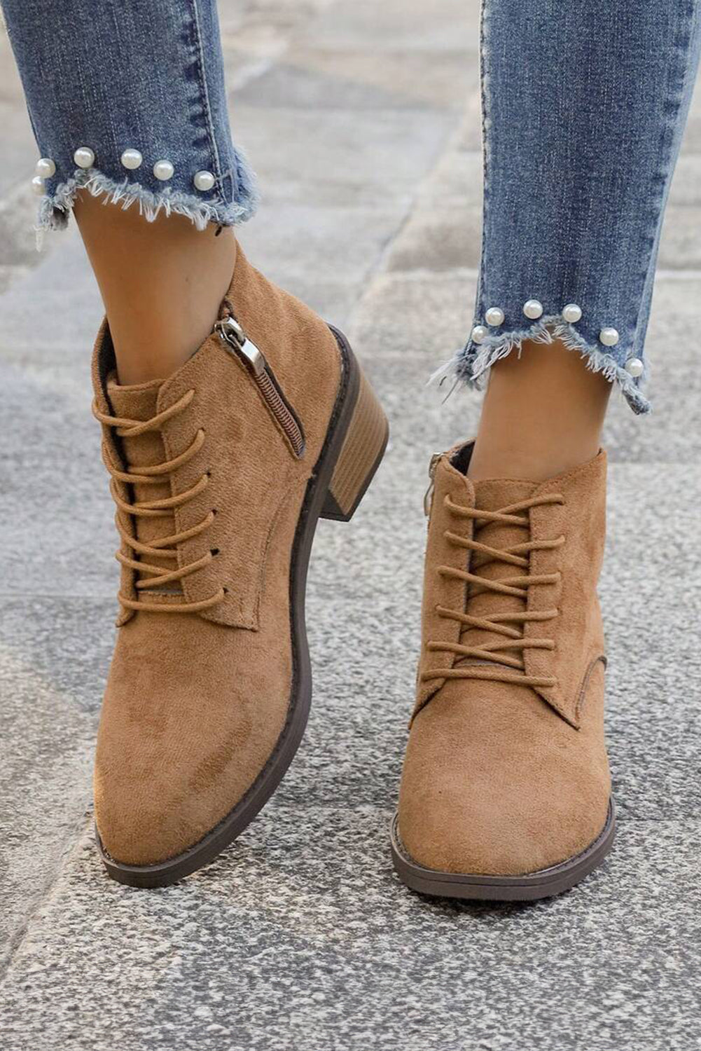 Chestnut Suede Zip Side Lace Up Ankle Boots - eAura