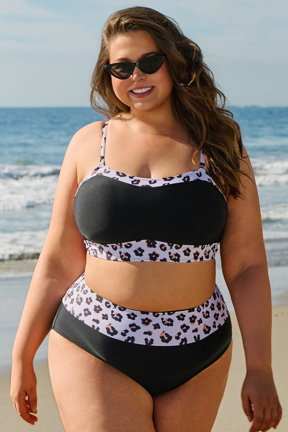 Black 2pcs Leopard Patchwork Plus Size High Waisted Swimsuit BB Fashion Outlet