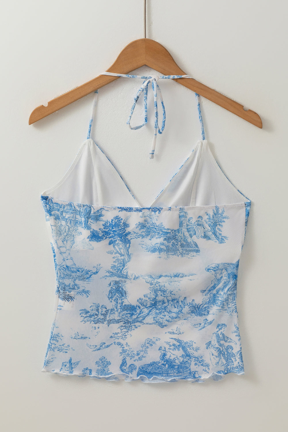 Sky Blue Random Printed Mesh Bow Detail Halterneck Cami Top eAura