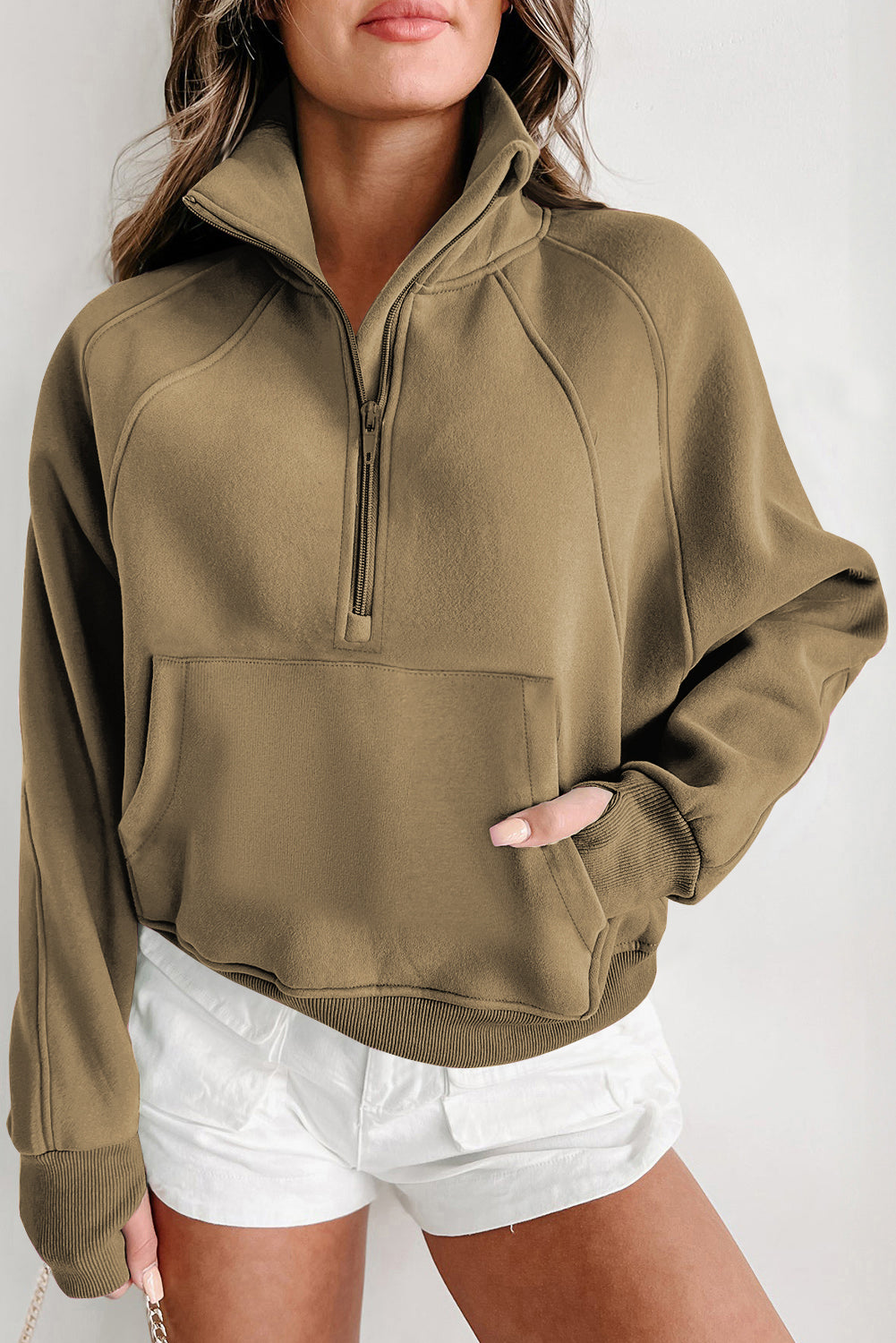 Phalaenopsis Fleece Lined Zip Up Stand Collar Thumbhole Sleeve Sweatshirt eAura