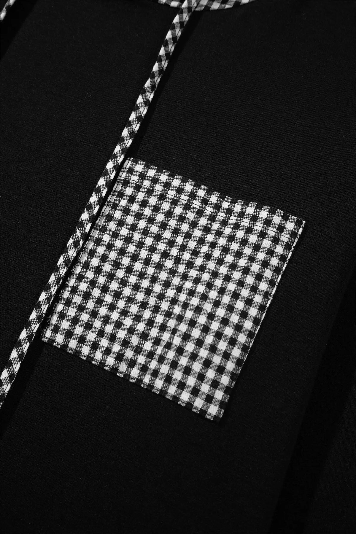Hooded Gingham Paneling Chest Patch Pocket Long Sleeve Plus Size Blouse – Black