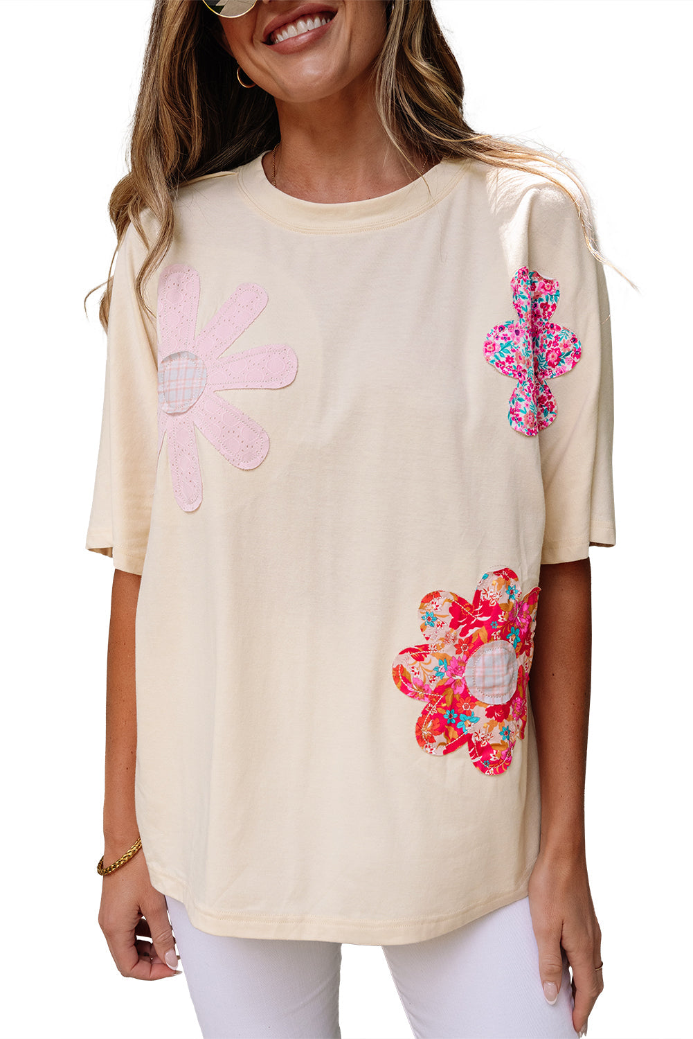 Apricot Flower Patched Exposed Stitching Trim Crew Neck Loose Tee eAura