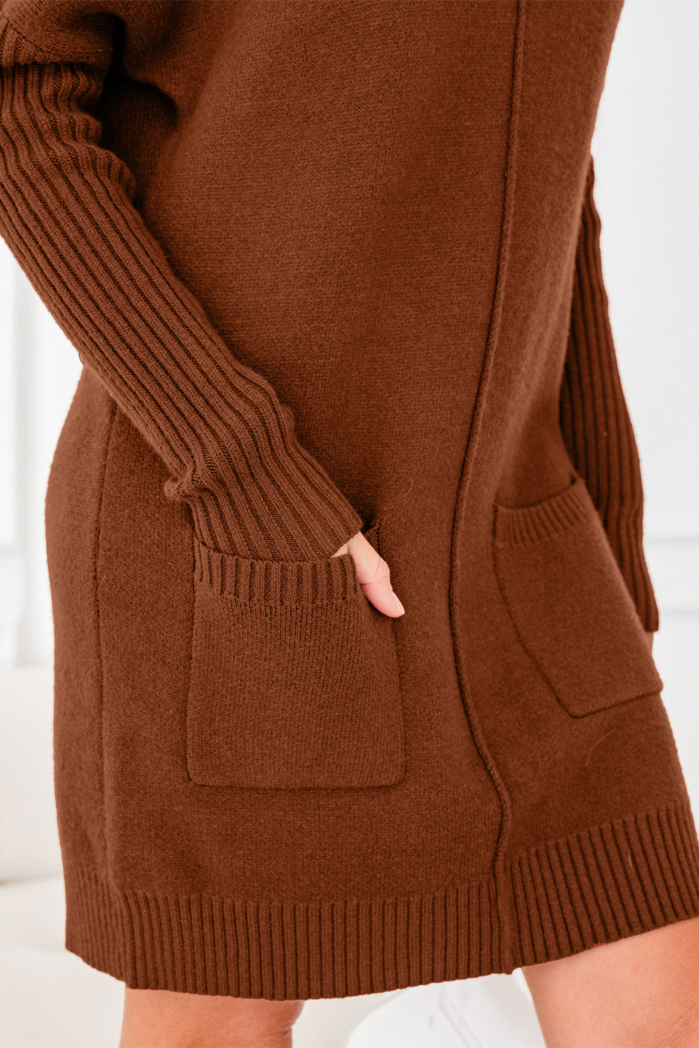 Ribbed High Neck Front Pockets Center Seam Shift Sweater Dress - eAura
