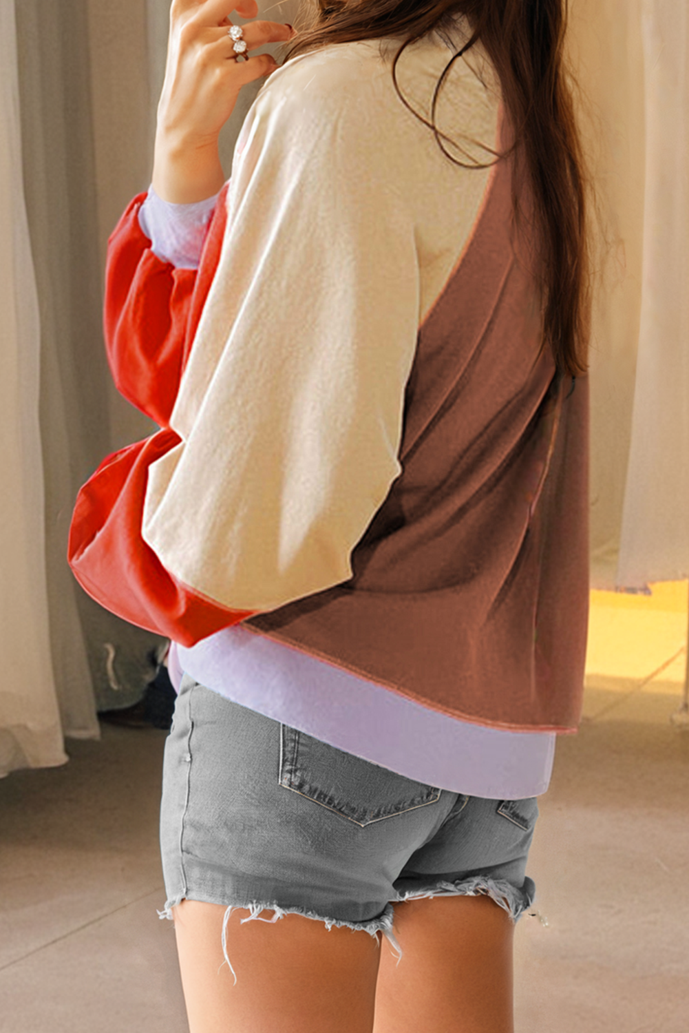 Orange Colour Block Side Slits Raglan Sleeve Loose Fit Top eAura