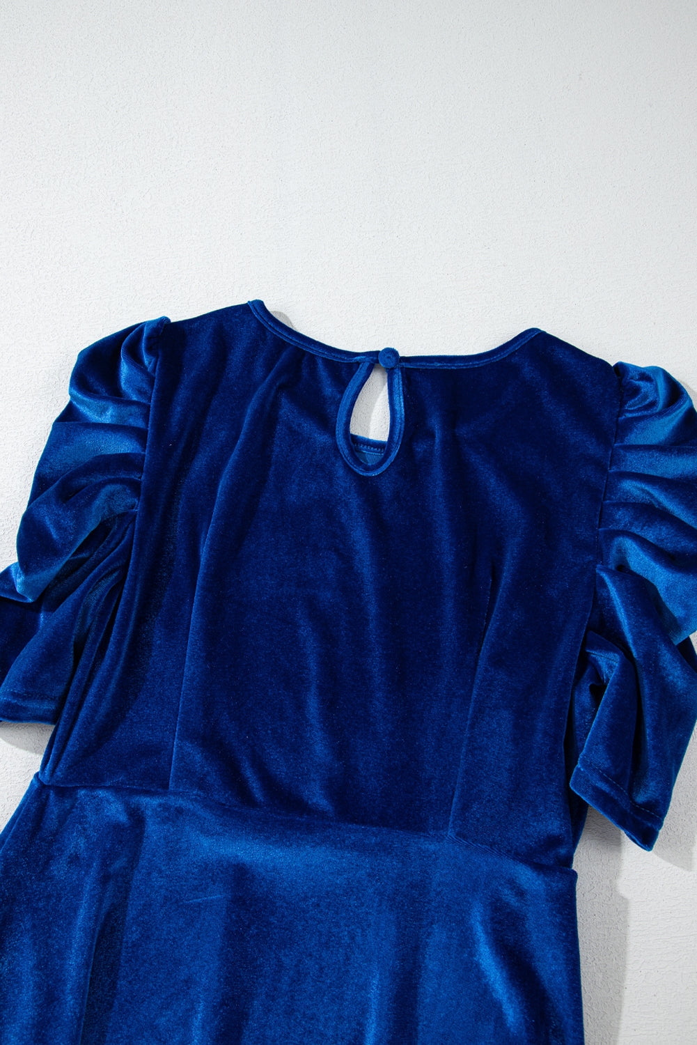 Sail Blue Velvet Ruched Short Sleeve Pocketed Mini Dress Beagle Boutique Fashion Outlet