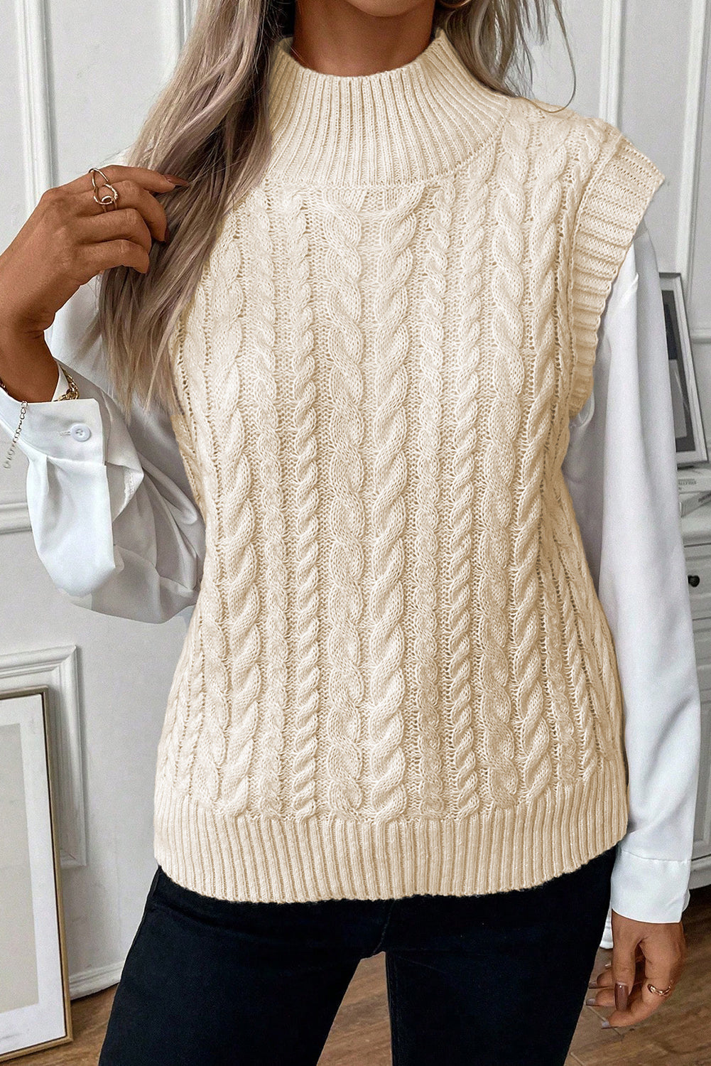 Oatmeal Cable Knit High Neck Sweater Vest eAura