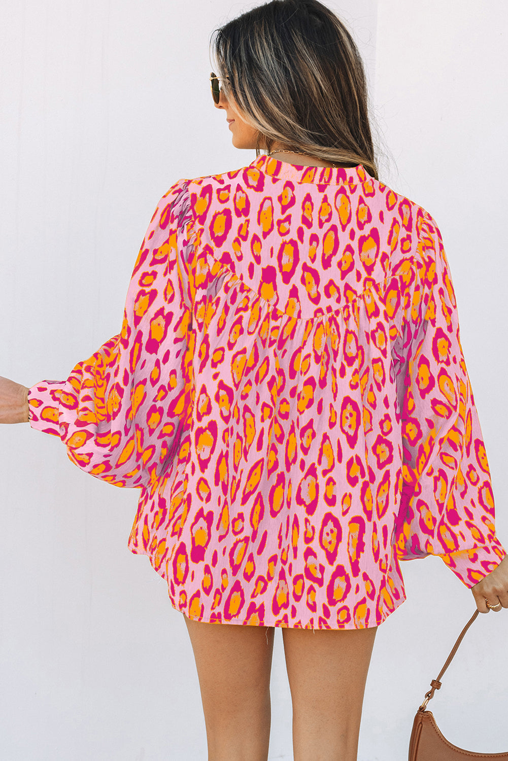 Rose Red Oversized Leopard Print Balloon Sleeve Casual Shirt eAura
