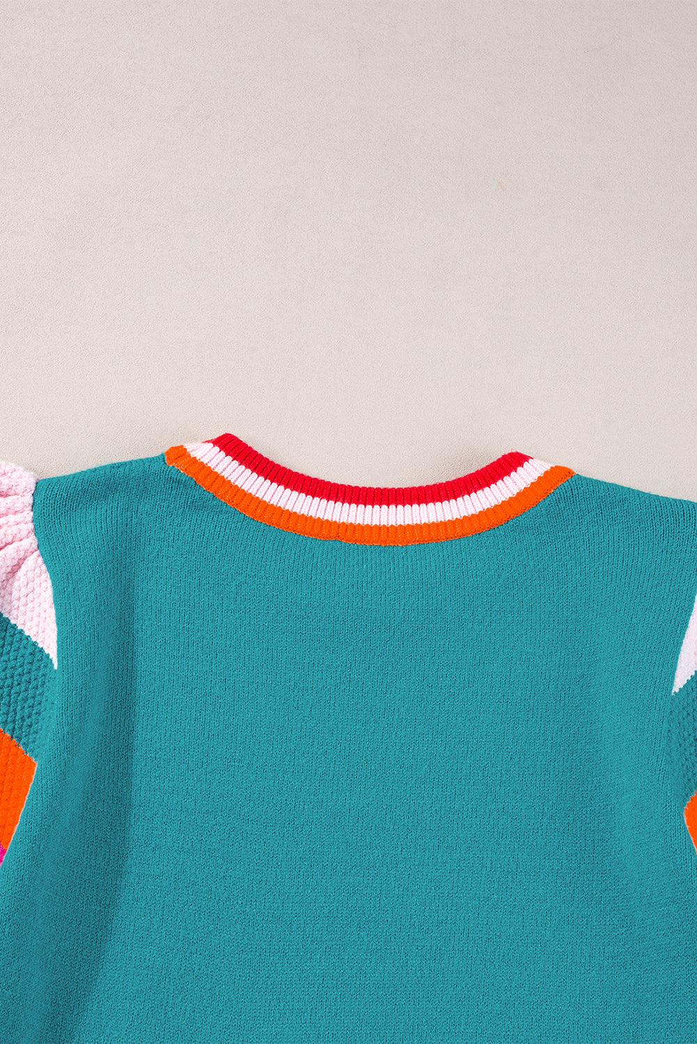 Turquoise Contrast Flutter Sleeves Knitted Sweater T Shirt eAura